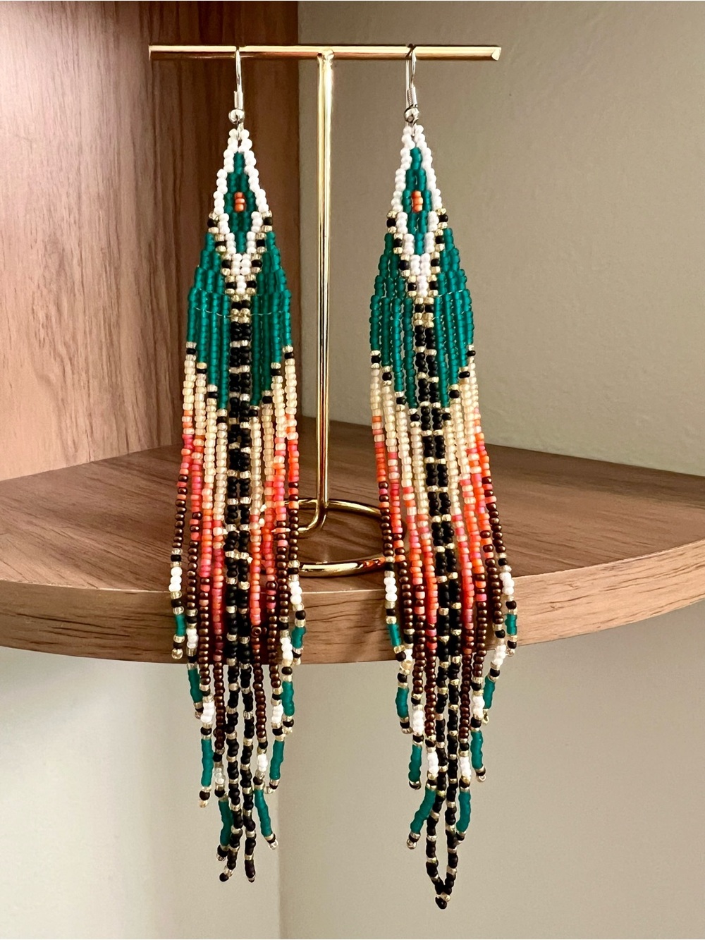 Long Teal and Peach Sunset Seed Bead Earrings